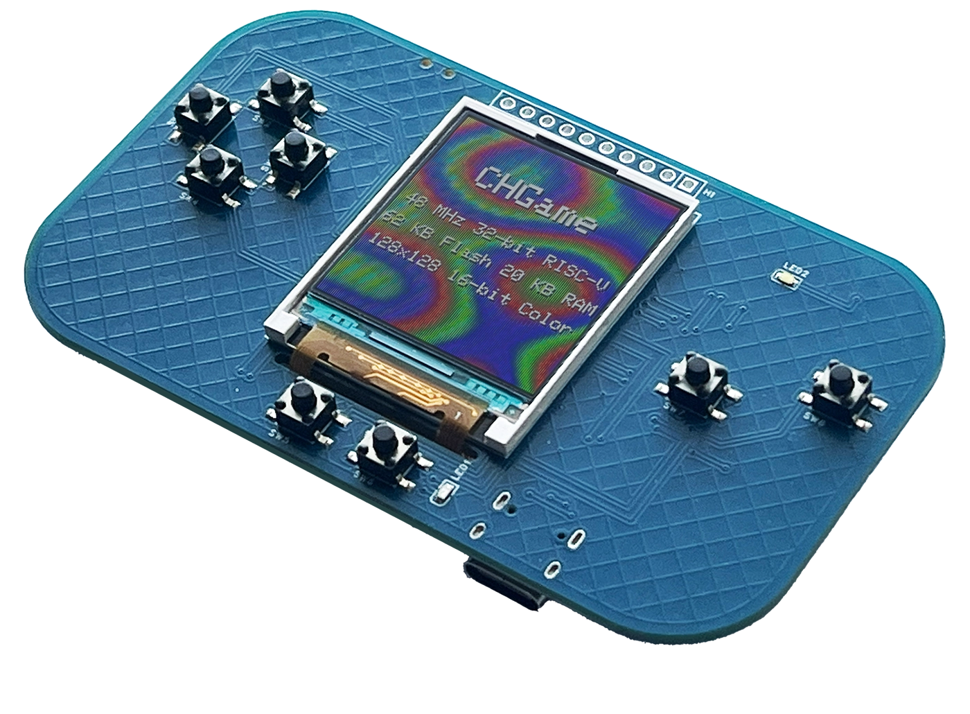 The CHGame board photographed at an angle, showing the LCD standing proud of the blue PCB and the tactile buttons around it.