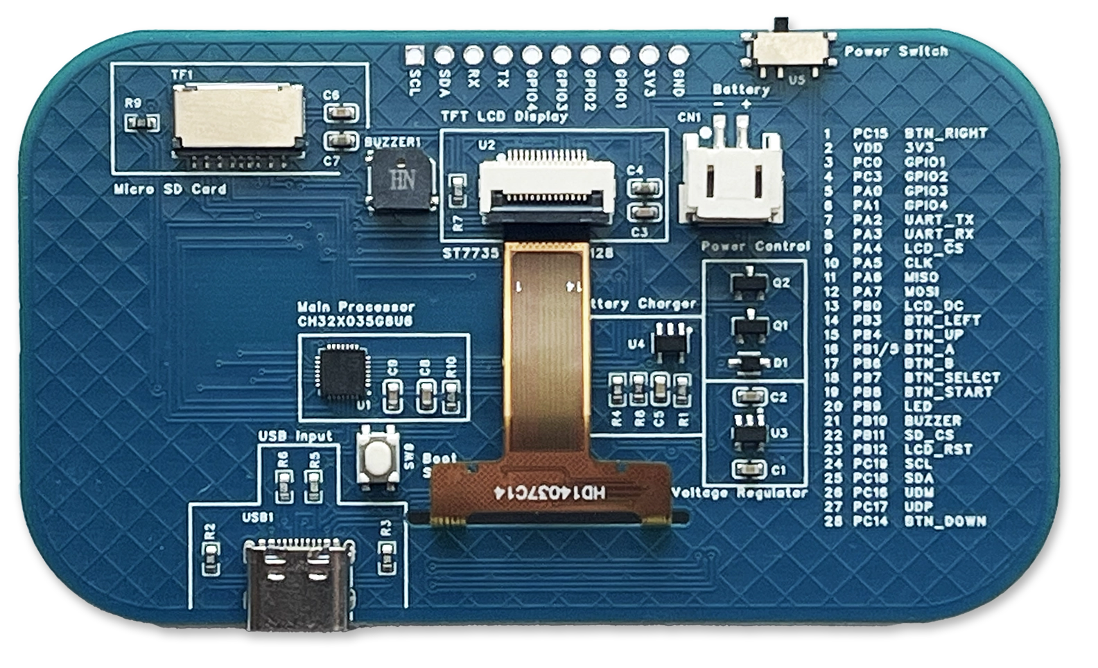 The back of the CHGame board, with every component labelled in white silkscreen: microSD card, main processor, USB input, boot switch, battery charger, voltage regulator, power switch, and a full 28-pin pinout list.