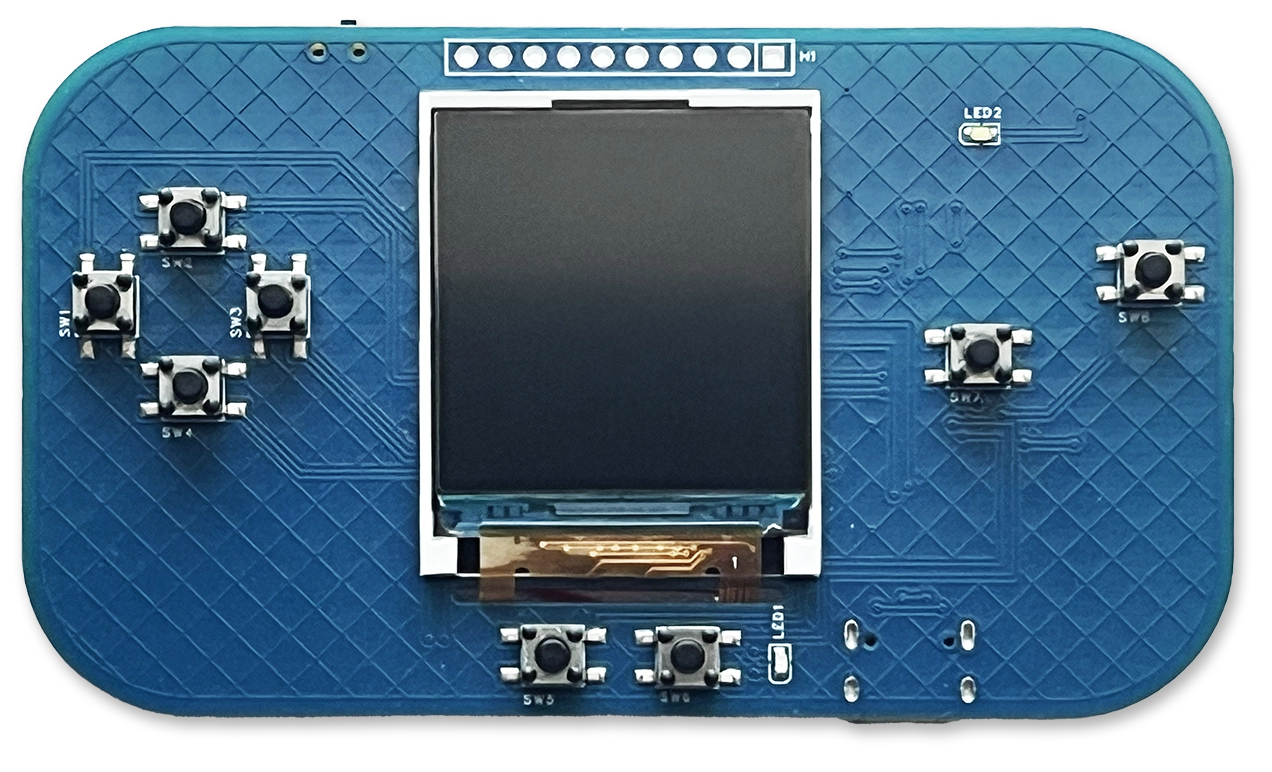 The CHGame handheld: a bare blue circuit board with a 1.44-inch color LCD, a four-way button cluster on the left and four buttons on the right.